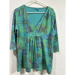 Fresh Produce Women's Blue Colorful Floral Cotton Tunic Top Blouse Medium/ Large
